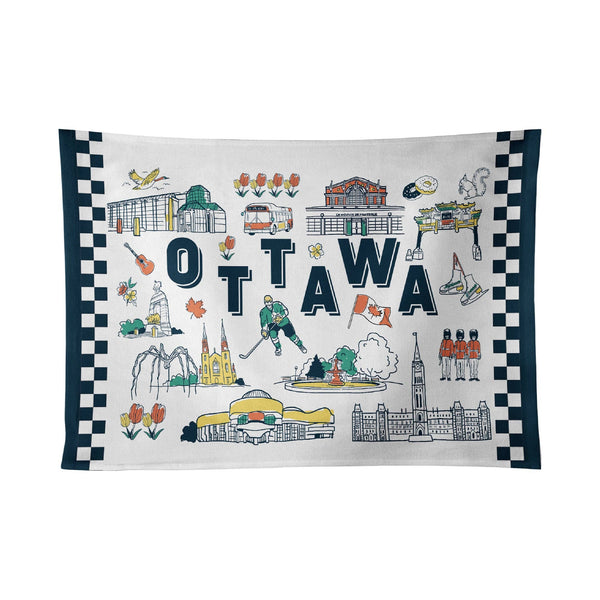 Ottawa City Landmarks Cotton Tea Towel with Illustrated Design – Canada Kitchen Decor