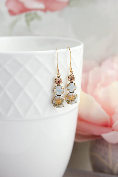 Yellow  Rose Earrings | Vintage Glass Earrings | Three Jewel