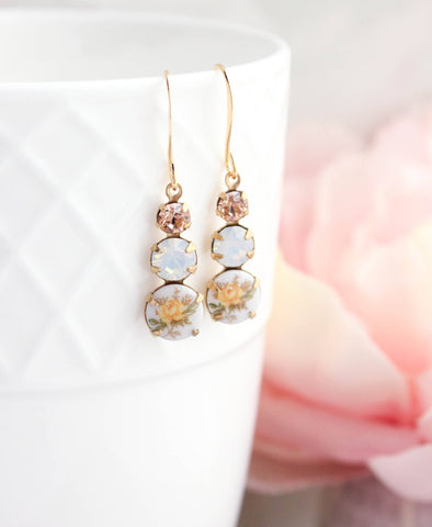 Yellow  Rose Earrings | Vintage Glass Earrings | Three Jewel