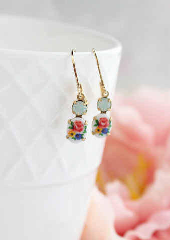 Little Floral Cameo Earrings - Vintage Glass