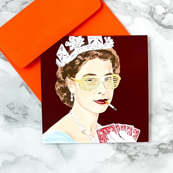 Queen Elizabeth playing poker - blank greeting card