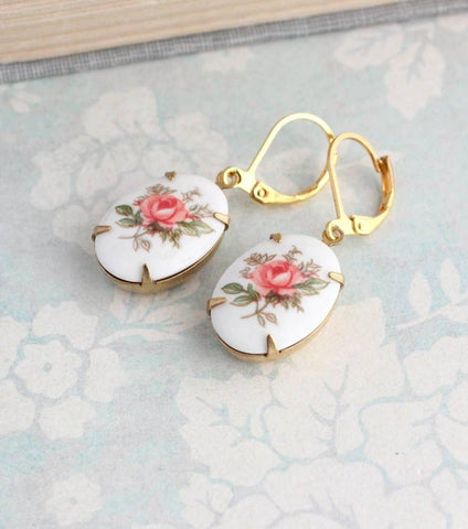 Pink Rose Oval Cameo Earrings - Vintage Glass