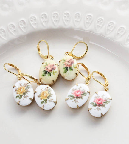 Pink Rose Oval Cameo Earrings - Vintage Glass
