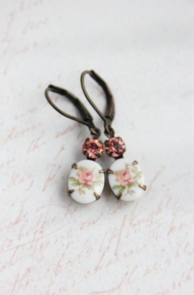Vintage Style | Flower Cameo Earrings |  Pink Rose Earrings