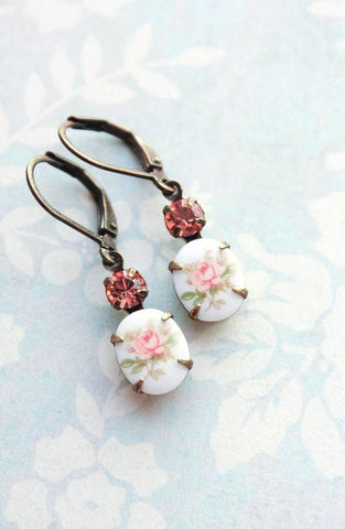 Vintage Style | Flower Cameo Earrings |  Pink Rose Earrings