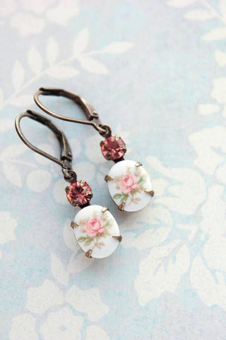 Vintage Style | Flower Cameo Earrings |  Pink Rose Earrings