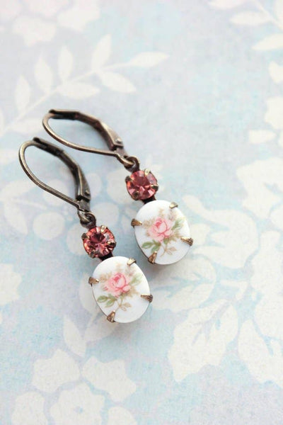 Vintage Style | Flower Cameo Earrings |  Pink Rose Earrings