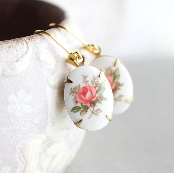 Pink Rose Oval Cameo Earrings - Vintage Glass