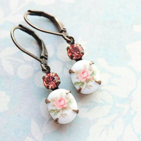 Vintage Style | Flower Cameo Earrings |  Pink Rose Earrings