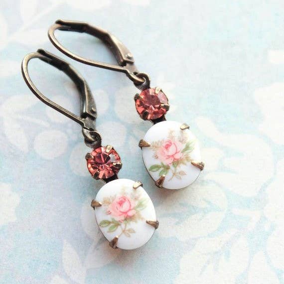 Vintage Style | Flower Cameo Earrings |  Pink Rose Earrings
