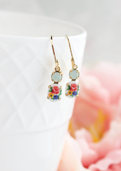 Little Floral Cameo Earrings - Vintage Glass