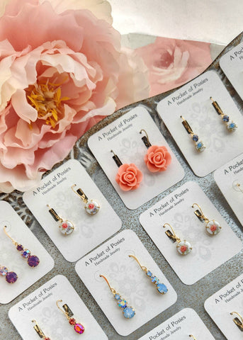 Little Blue Rose Cameo Earrings | Vintage Glass | Lever back