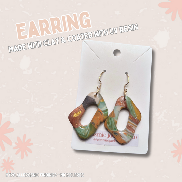 Earthtone Marble Clay Wavy Oval Shape - Dangle Earrings