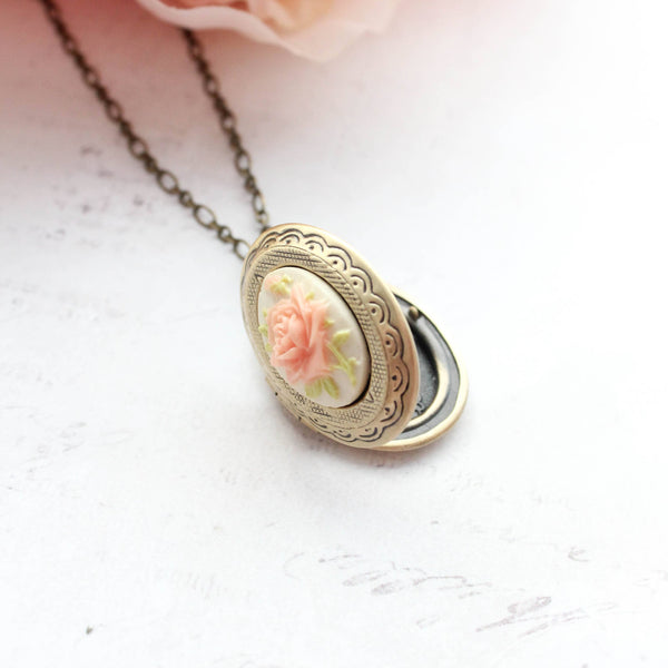 Cameo Photo Locket Necklace - Peach Rose