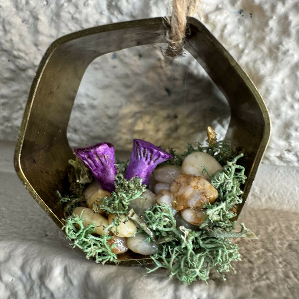Ring Mushroom Ornament - brass hexagon purple