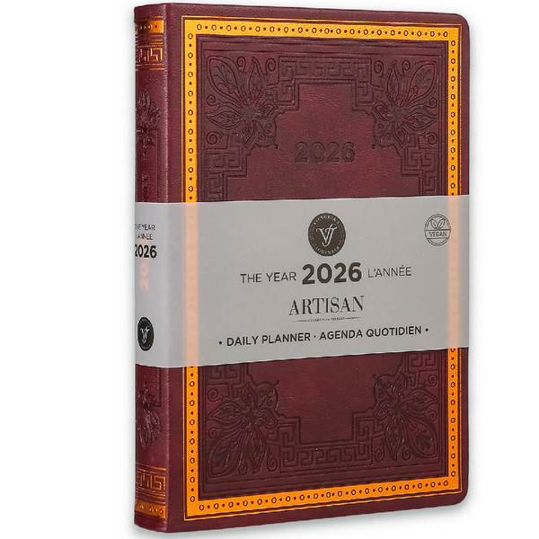 2026 Artisan Daily Planner — Burgundy Vegan Leather Vintage Style (5.7