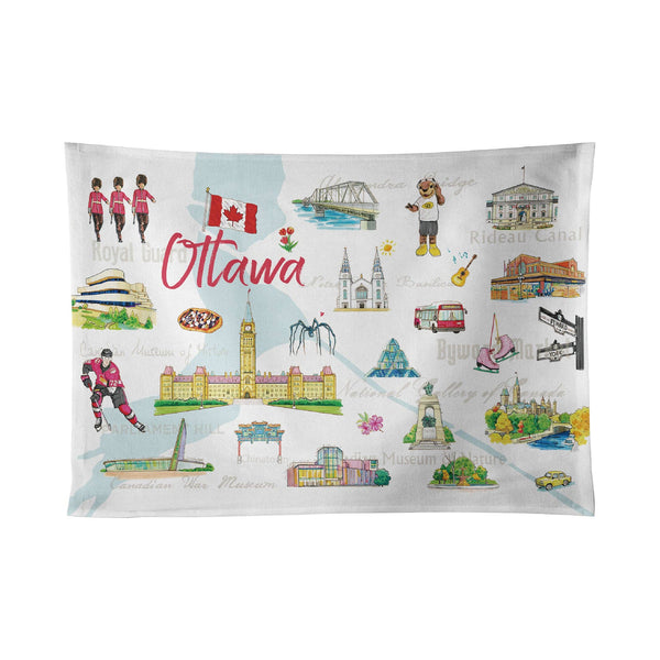 Ottawa City Landmarks Cotton Tea Towel with Illustrated Design – Canada Kitchen Decor