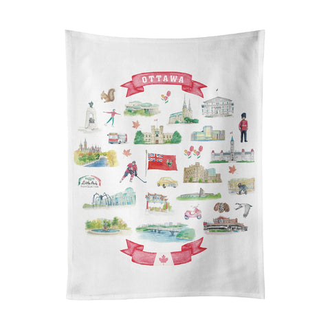 Ottawa City Landmarks Cotton Tea Towel with Illustrated Design – Canada Kitchen Decor