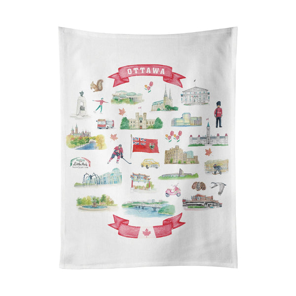 Ottawa City Landmarks Cotton Tea Towel with Illustrated Design – Canada Kitchen Decor