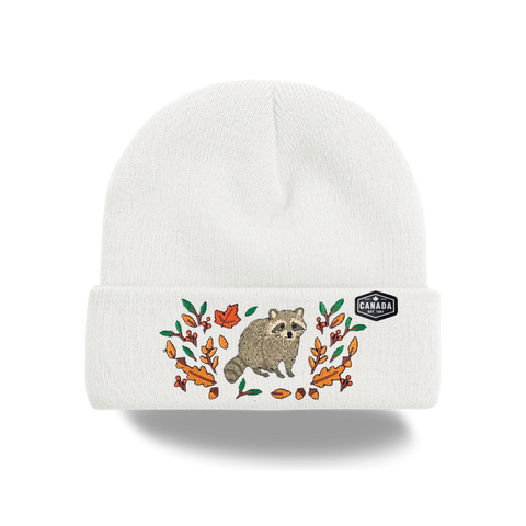 Canada Raccoon Embroidered Knit Toque Winter Hat Woodland Maple Leaf Outdoor Style