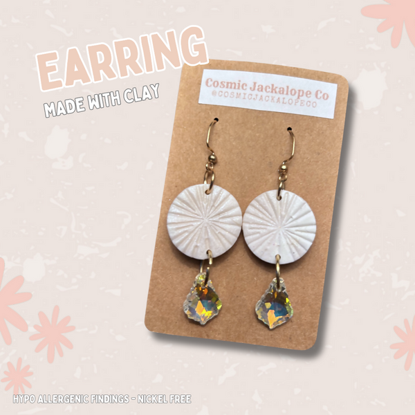 White Circle Clay w/ teardrop glass charm - Dangle Earrings