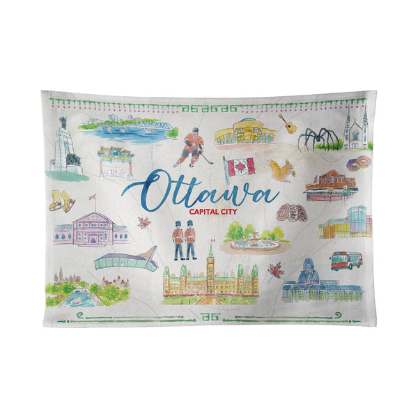 Ottawa City Landmarks Cotton Tea Towel with Illustrated Design – Canada Kitchen Decor