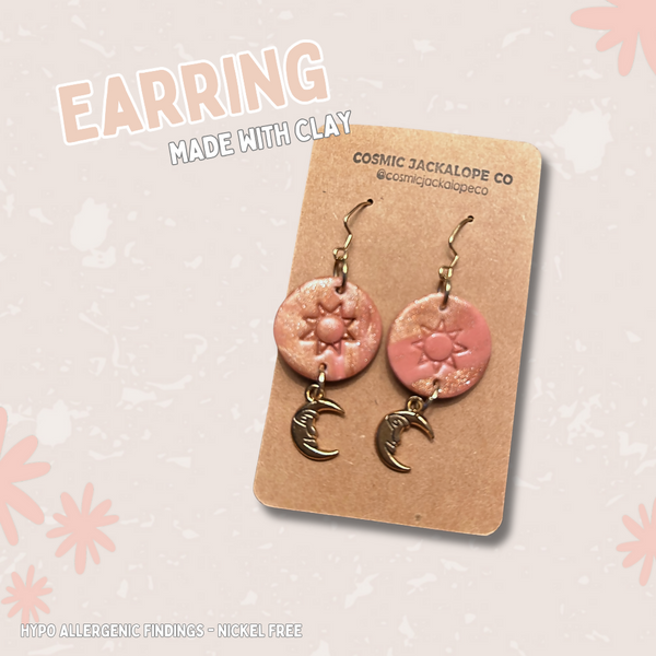 Pink Star Circle Clay w/ Moon Charm - Dangle Earrings