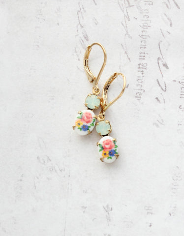 Little Floral Cameo Earrings - Vintage Glass