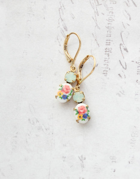 Little Floral Cameo Earrings - Vintage Glass