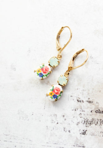 Little Floral Cameo Earrings - Vintage Glass