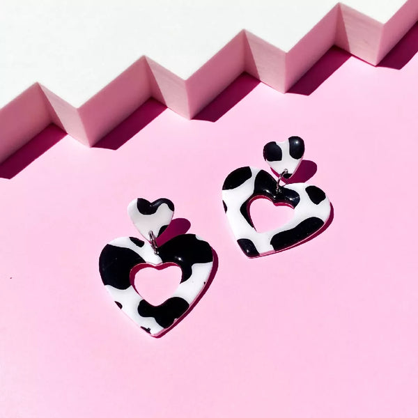 Polymer Clay Cow Print Heart Dangle Earrings