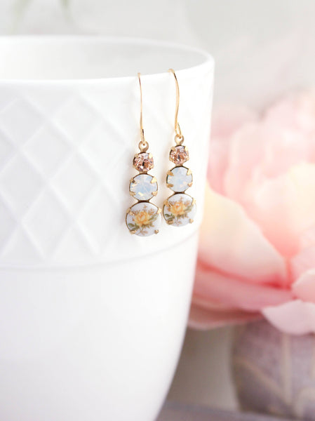 Yellow  Rose Earrings | Vintage Glass Earrings | Three Jewel