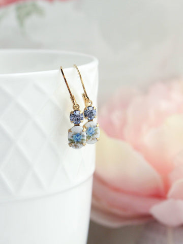 Little Blue Rose Cameo Earrings | Vintage Glass | Lever back