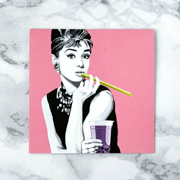 Audrey Hepburn with boba blank greeting card
