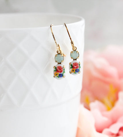 Little Floral Cameo Earrings - Vintage Glass