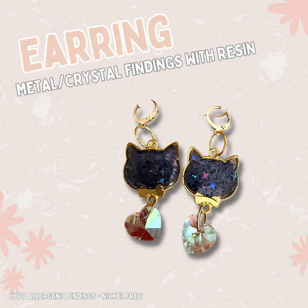 Cat & Crystal Heart Sparkle Dangle Earrings