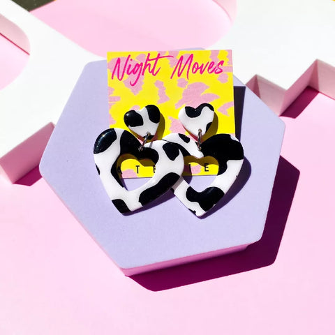 Polymer Clay Cow Print Heart Dangle Earrings