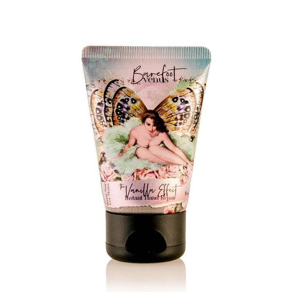 Hand cream tube with butterfly design and 'Barefoot Venus Vanilla Effect' branding on a white background
