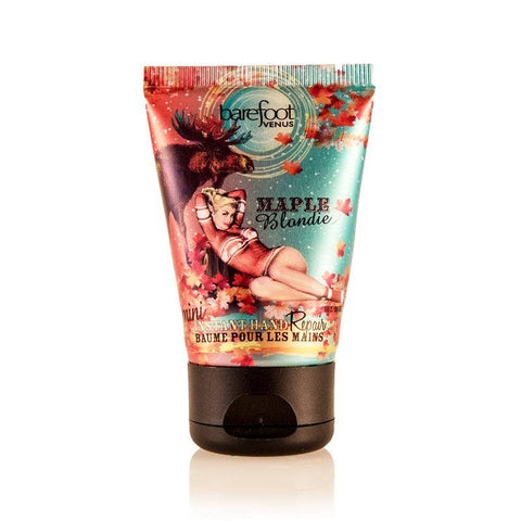 Hand cream tube with colorful pin-up style design and 'Barefoot Venus' Maple Blondie branding on a white background