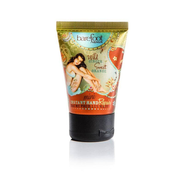 Barefoot Venus Wild Ginger Sweet Orange hand cream tube with colorful label featuring pin-up style model on a white background