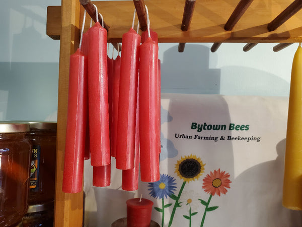 Red Beeswax Candlesticks - pair