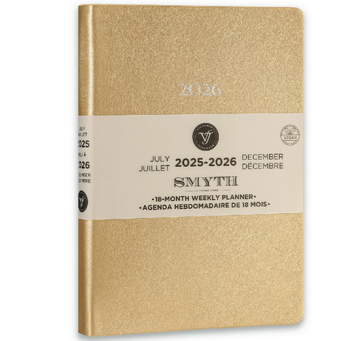 2025–2026 Smyth Academic Weekly Planner — Gold A5 Vegan Leather Luxe Agenda (18-Month, Bilingual)