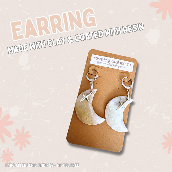 White Crescent Moon Clay Dangle Earrings