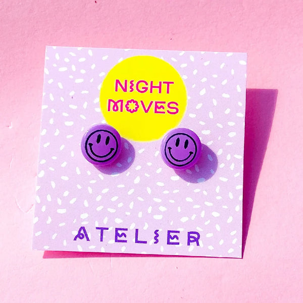 Polymer Clay Smiley Face Mini Stud Earrings in Purple