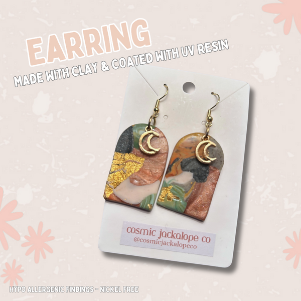 Earthtone Marble Clay Arch with Moon Charms - Dangle Earrings
