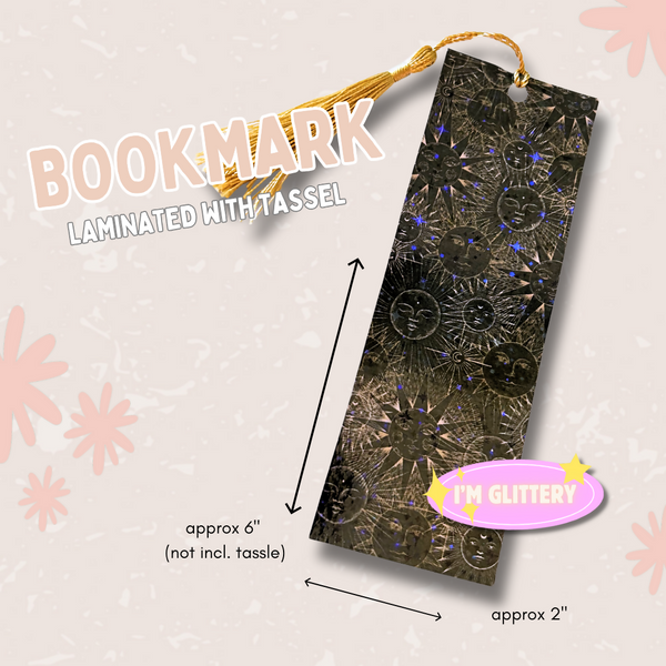 Sun and Moon Celestial (Black and Gold) - Glitter Bookmark with Tassel