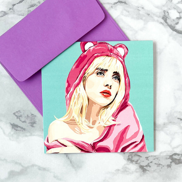 Billie Eilish in a bear onesie - blank greeting card