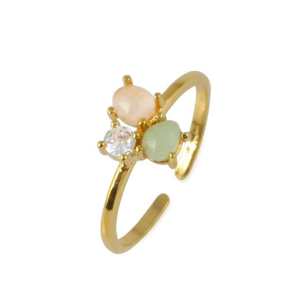 Gold ring with pink and green gemstones on a white background