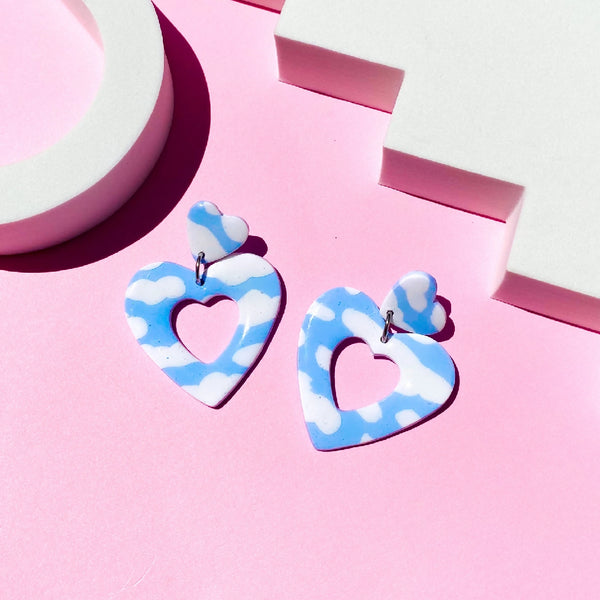 Polymer Clay Cloud Print Heart Dangle Earrings