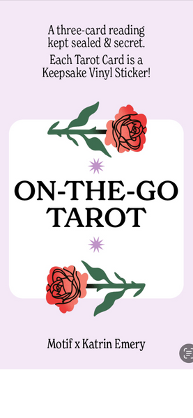 Promotional graphic for 'On-The-Go Tarot' with tarot card design and text on a light purple background.